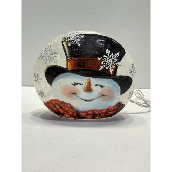 Stony Creek Decorative Lighted Glass Snowman Top Hat Scarf 6" Saucer Painted - Picture 7 of 7